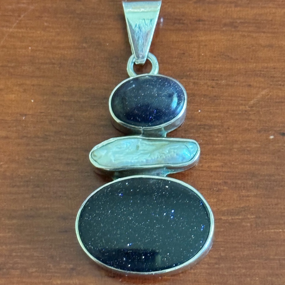 Sterling Silver, Freshwater Pearl and Black Stone Pendant